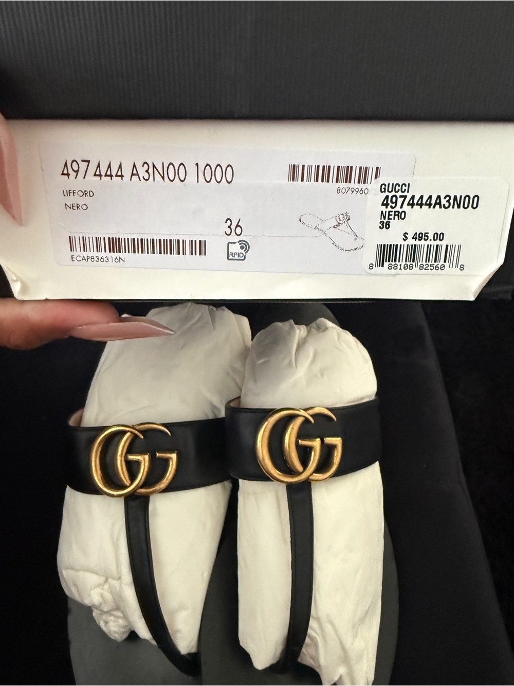 Gucci Black Leather Thong Sandals with Gold Double G - Picture 1 of 4